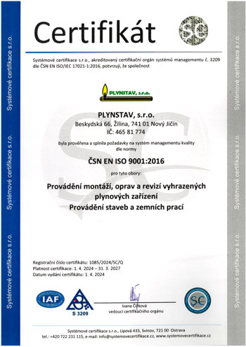 Certifikát ČSN EN ISO 9001:2016 - PLYNSTAV, s.r.o.