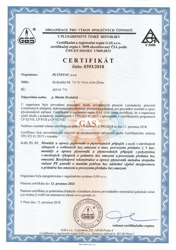 Certifikát GAS 0393/2018 - PLYNSTAV, s.r.o.