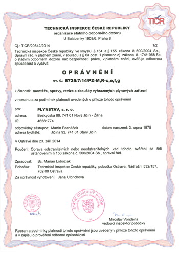 Oprávnění TIČR - PLYNSTAV, s.r.o. - strana 1