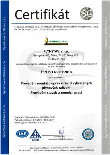 Certifikát ČSN ISO 45001:2018 - PLYNSTAV, s.r.o.